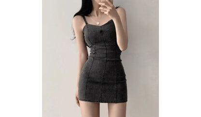 Spaghetti Strap Plain Denim Mini Bodycon Dress