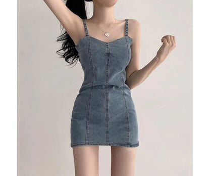 Spaghetti Strap Plain Denim Mini Bodycon Dress