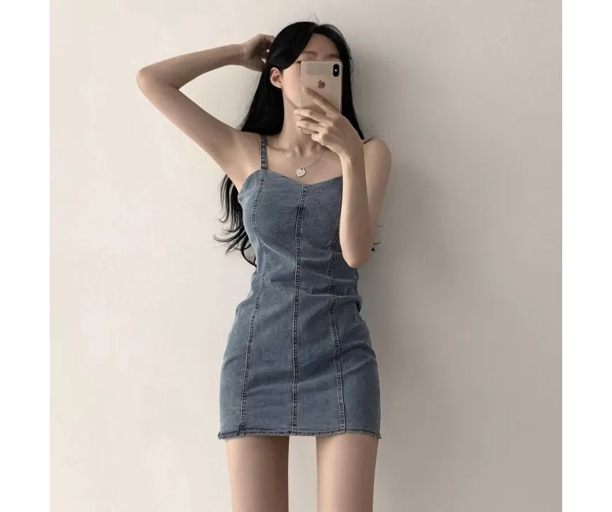 Spaghetti Strap Plain Denim Mini Bodycon Dress