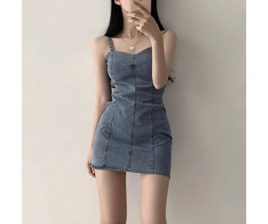 Spaghetti Strap Plain Denim Mini Bodycon Dress