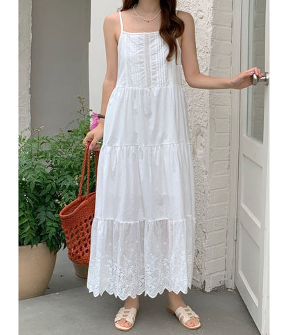 Spaghetti Strap Plain Eyelet Lace Tiered Midi A-Line Dress