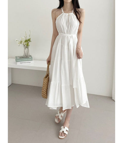 Halter Plain Tiered Midi A-Line Sundress