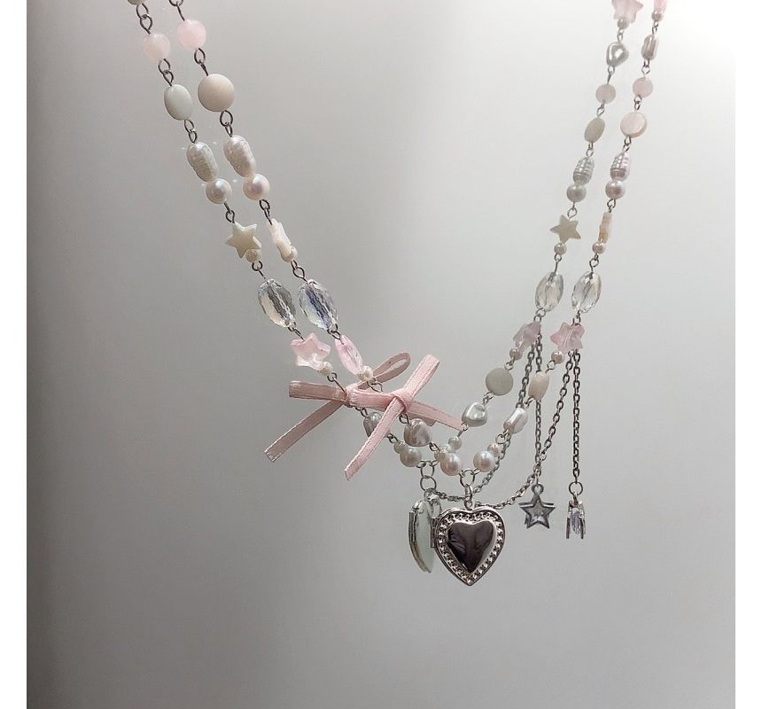 Heart Pendant Bow Faux Pearl Necklace