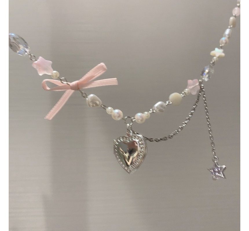 Heart Pendant Bow Faux Pearl Necklace