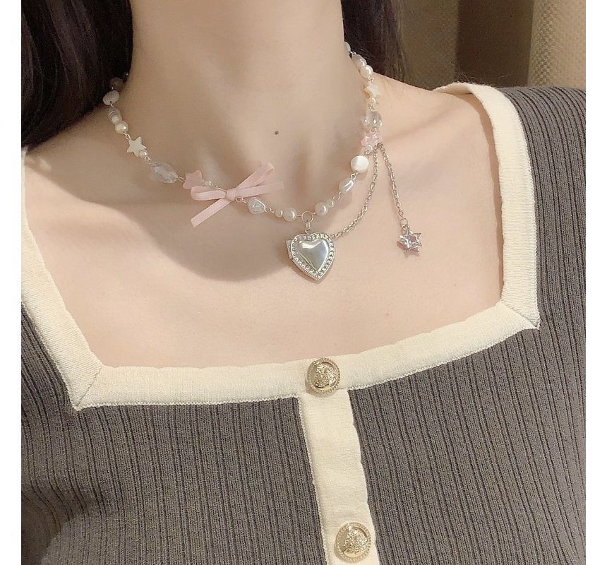 Heart Pendant Bow Faux Pearl Necklace