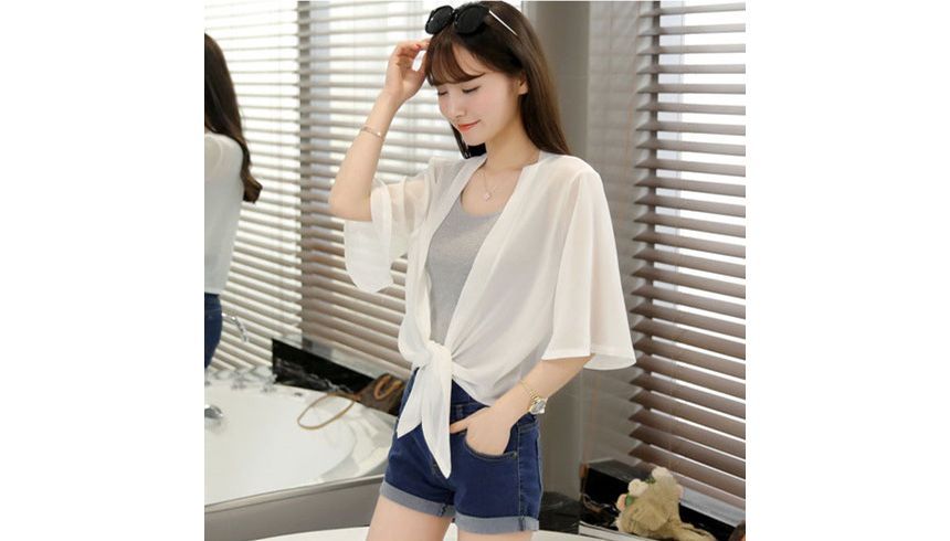 Elbow-Sleeve Tie Front Jacket Plain Chiffon Crop