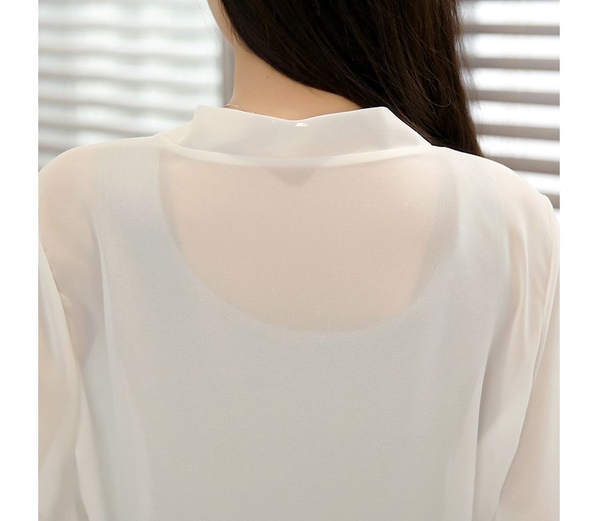 Elbow-Sleeve Tie Front Jacket Plain Chiffon Crop