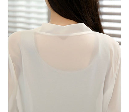 Elbow-Sleeve Tie Front Jacket Plain Chiffon Crop