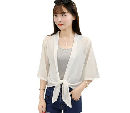 Elbow-Sleeve Tie Front Jacket Plain Chiffon Crop