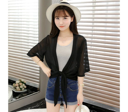 Elbow-Sleeve Tie Front Jacket Plain Chiffon Crop