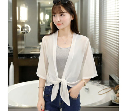 Elbow-Sleeve Tie Front Jacket Plain Chiffon Crop