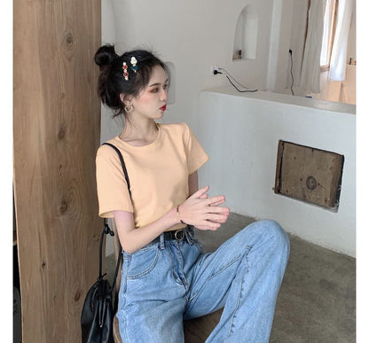 Plain Neck Short-Sleeve Crew T-Shirt