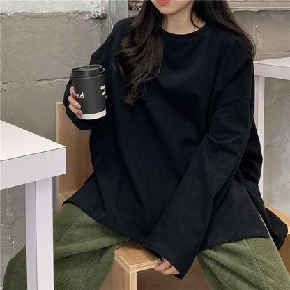 Oversized T-Shirt Slit Round Long-Sleeve Neck Plain