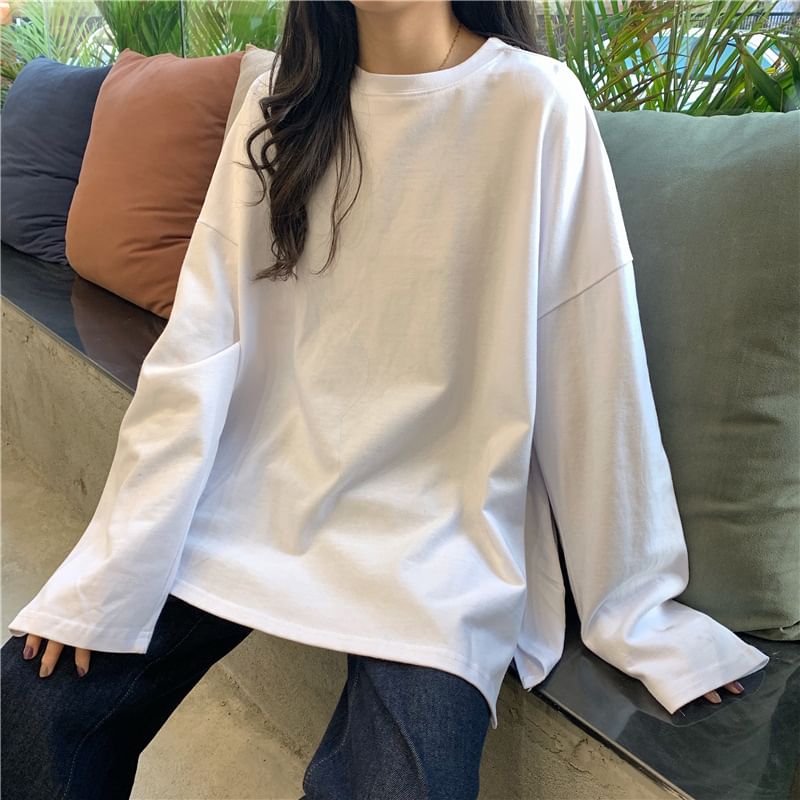 Oversized T-Shirt Slit Round Long-Sleeve Neck Plain