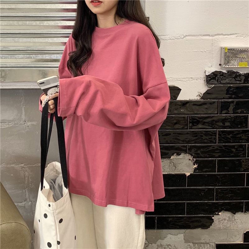 Oversized T-Shirt Slit Round Long-Sleeve Neck Plain