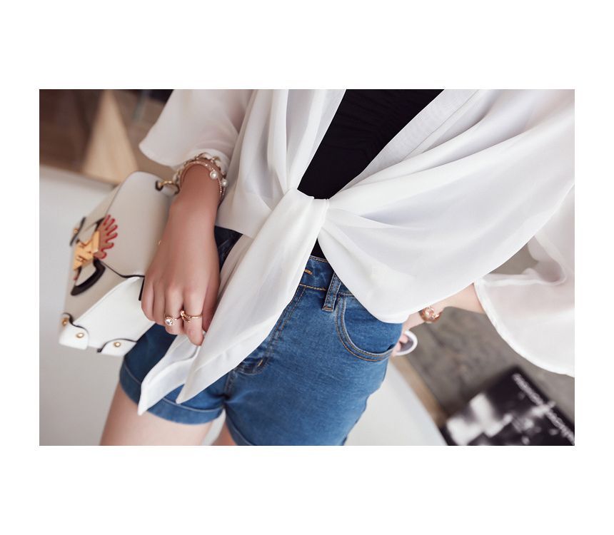Chiffon Jacket Elbow-Sleeve Tie Crop Front Plain