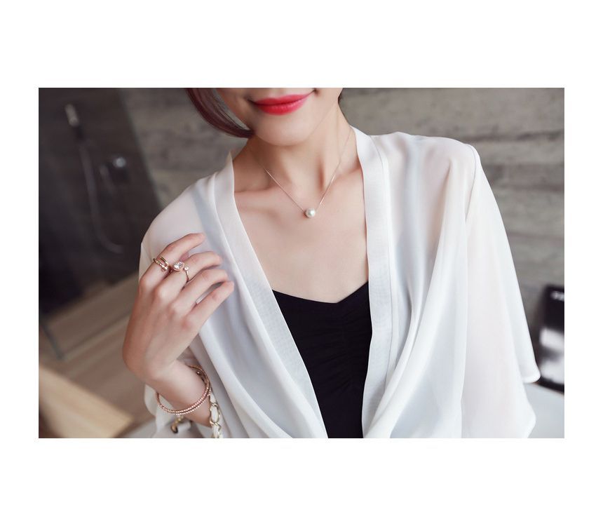 Chiffon Jacket Elbow-Sleeve Tie Crop Front Plain