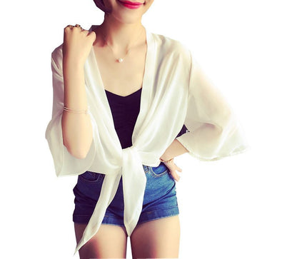 Chiffon Jacket Elbow-Sleeve Tie Crop Front Plain