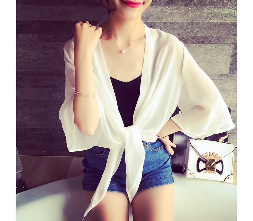 Chiffon Jacket Elbow-Sleeve Tie Crop Front Plain