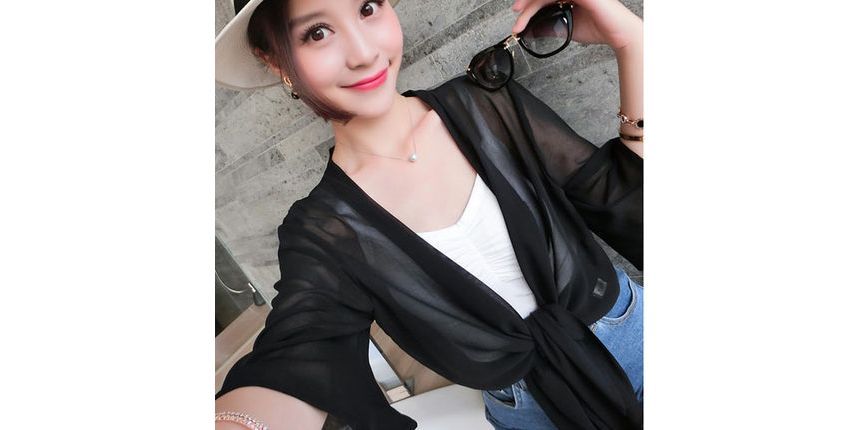 Chiffon Jacket Elbow-Sleeve Tie Crop Front Plain