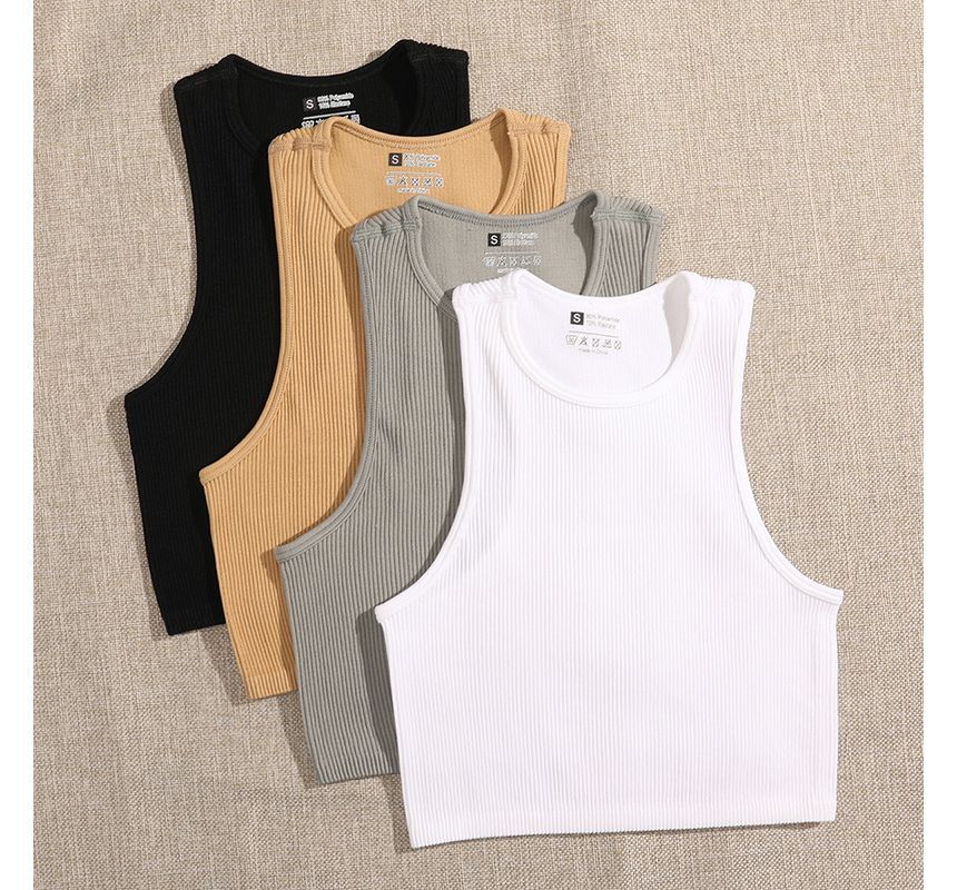 Plain Neck Top Crew Tank Crop