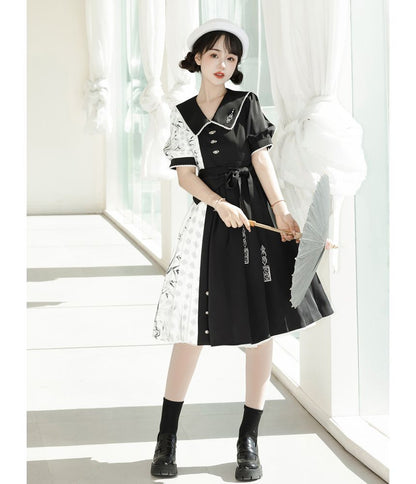 Lolita Short-Sleeve Collared Two Tone Pleated A-Line Dress