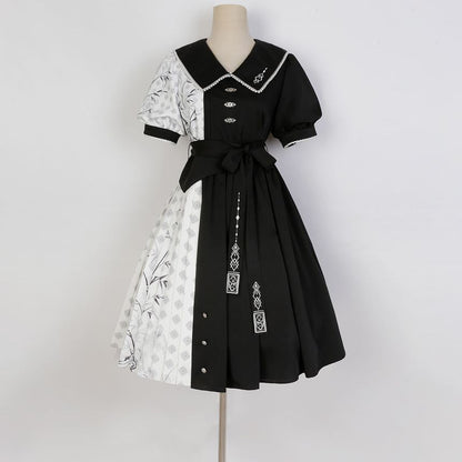 Lolita Short-Sleeve Collared Two Tone Pleated A-Line Dress