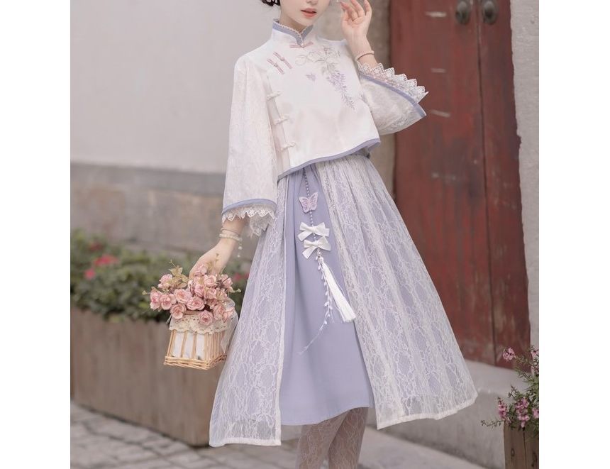 Lolita 3/4-Sleeve Qipao Top / High Rise Overlay Midi A-Line Skirt / Set