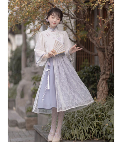 Lolita 3/4-Sleeve Qipao Top / High Rise Overlay Midi A-Line Skirt / Set