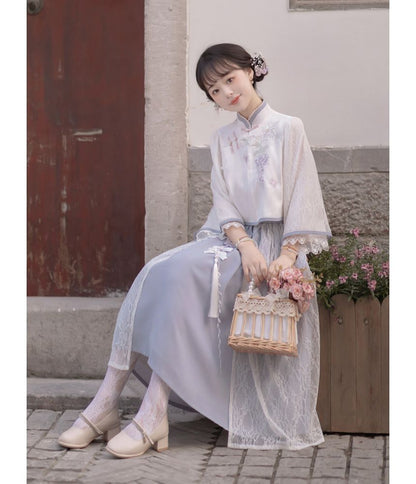 Lolita 3/4-Sleeve Qipao Top / High Rise Overlay Midi A-Line Skirt / Set