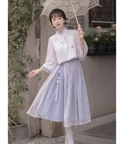 Lolita 3/4-Sleeve Qipao Top / High Rise Overlay Midi A-Line Skirt / Set