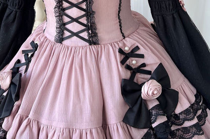 Lolita Long-Sleeve Lace-Up Waist Tiered A-Line Dress