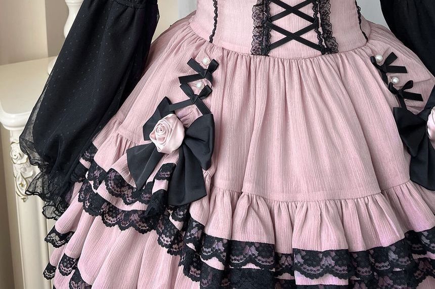 Lolita Long-Sleeve Lace-Up Waist Tiered A-Line Dress