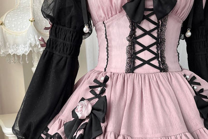 Lolita Long-Sleeve Lace-Up Waist Tiered A-Line Dress