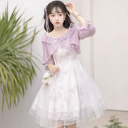 Lolita Short-Sleeve Plain Shrug / Spaghetti Strap Mesh Tiered Mini A-Line Dress / Set