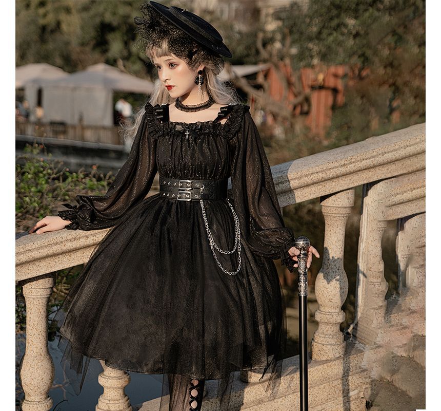 Lolita Long-Sleeve Off Shoulder Top / High Waist A-Line Skirt / Lace Socks (Various Designs)