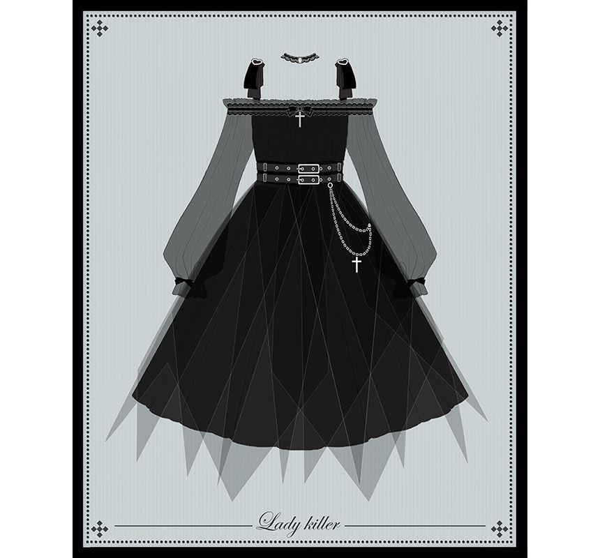 Lolita Long-Sleeve Off Shoulder Top / High Waist A-Line Skirt / Lace Socks (Various Designs)