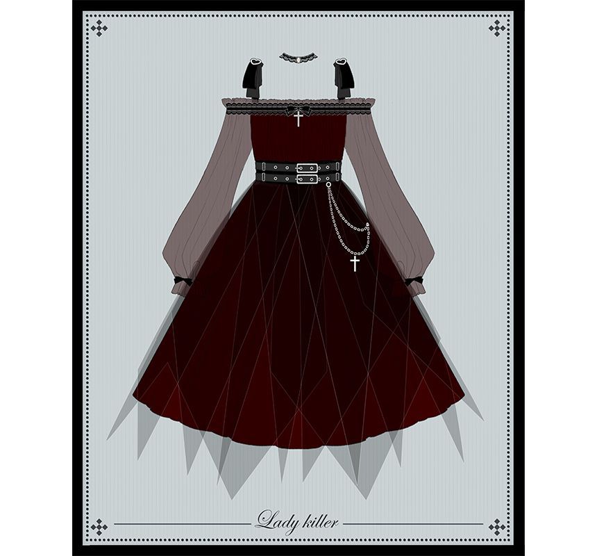 Lolita Long-Sleeve Off Shoulder Top / High Waist A-Line Skirt / Lace Socks (Various Designs)