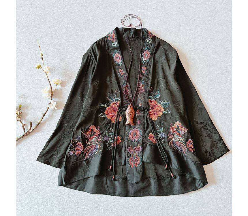 Flower Embroidered Open Front Jacket