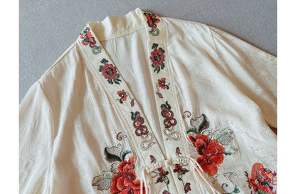 Flower Embroidered Open Front Jacket