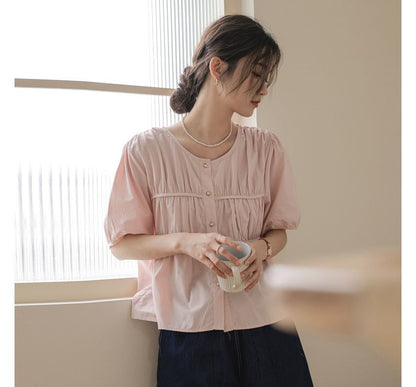 Puff-Sleeve Plain Shirred Faux Pearl Buttoned Blouse