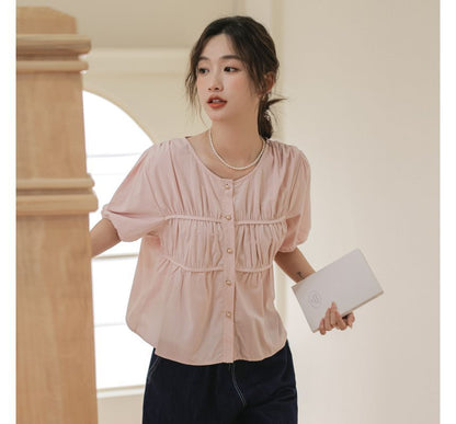 Puff-Sleeve Plain Shirred Faux Pearl Buttoned Blouse