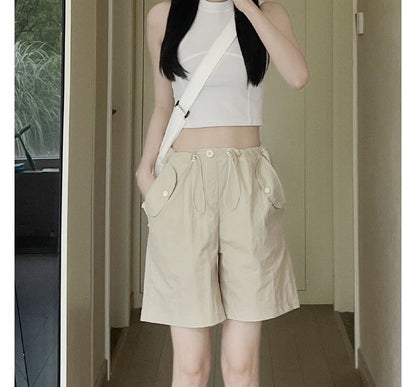 High Rise Pocketed  Wide Leg Plain Cargo Shorts