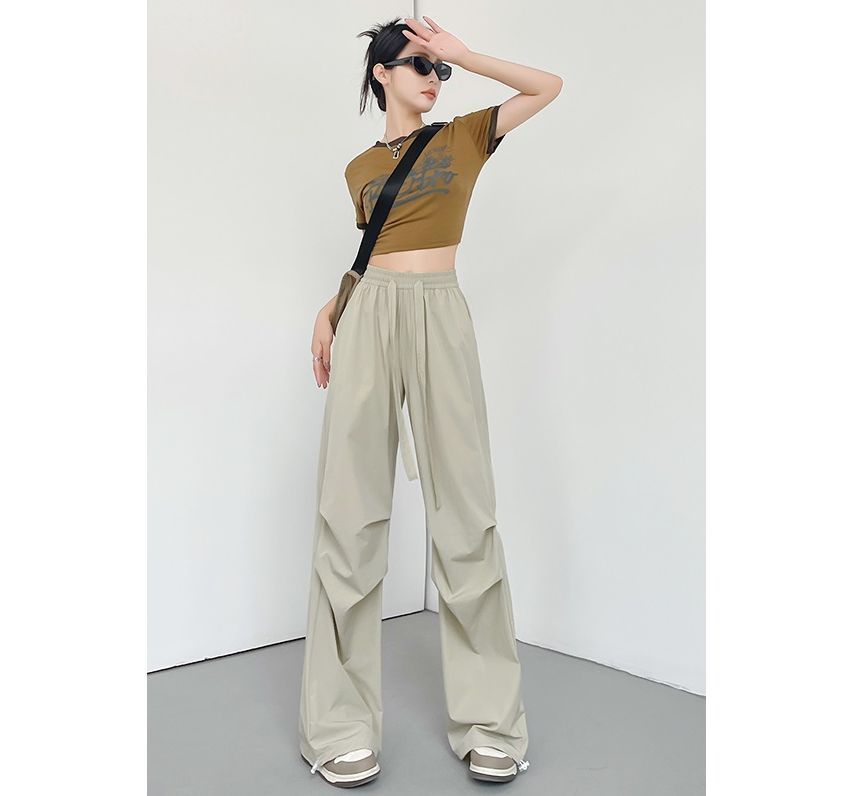 Plain Wide Leg High Waist Parachute Cargo Pants