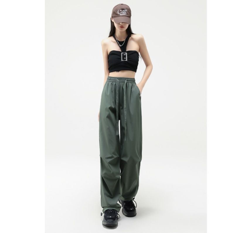 Plain Wide Leg High Waist Parachute Cargo Pants