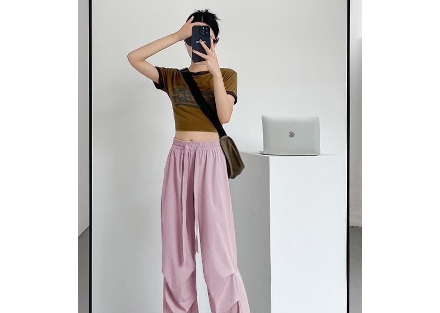 Plain Wide Leg High Waist Parachute Cargo Pants