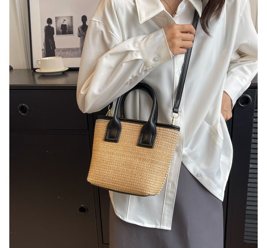 Top Handle Straw Crossbody Bag