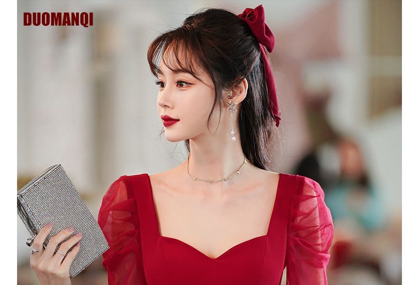 Short-Sleeve Dress Mesh Neckline Evening Gown Sweetheart A-Line /