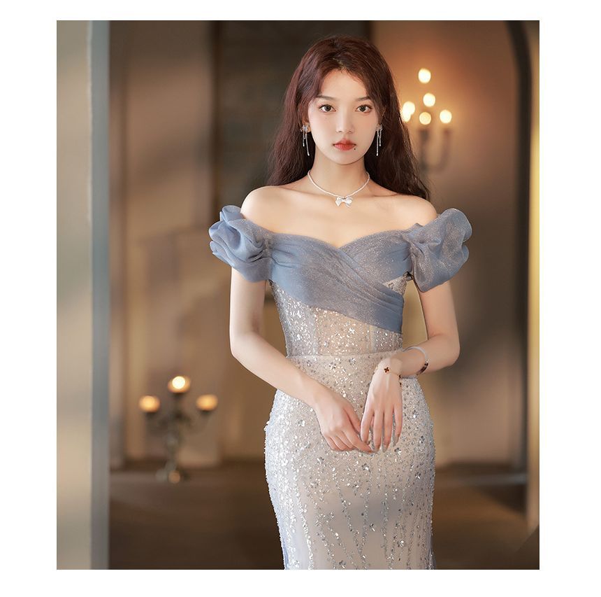 Off Shoulder Mesh Trained A-Line Evening Gown