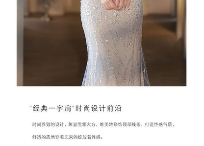 Evening A-Line Mesh Gown Shoulder Off Trained